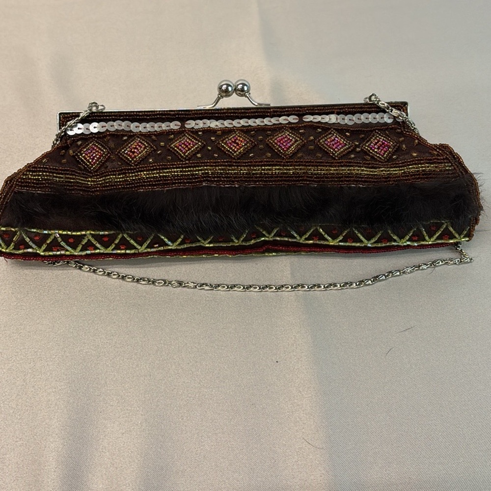 Vintage Beaded Fur Trimmed Clutch